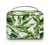 Large Women Makeup Bag, Train Toiletry Storage Case, Wash Bag Holder Zipper Pouch Cosmetic Organizer 9.8x7.5x5.9 in Print Seamless Green Banana Leaves Jungle Leaves on White