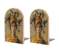 Large Wood Book Ends for Shelves,Bird on Head Printed Wooden Bookends Heavy Duty Desktop Organize Books with Metal Base Non-Slip