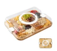 Large Wood Charcuterie Board With Lid & Handle - 6 Compartment Cheese & Fruit Tray, Wooden Serving Platter For Entertaining, Picnics, Parties