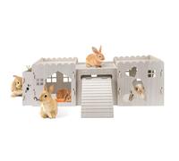 Large Wooden Bunny Castle, Nail-Free Detachable Rabbit Hideout with Food Bowl, Bunny Ramp & Multi-Holes, Cute Rabbit House Fitting Syrian Hamsters, Squirrels, Guinea Pigs & Hedgehogs (31.8×11×11.4in)
