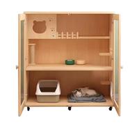 Large Wooden Cat Cage with Scratching Post, Tempered Glass Door, Lockable Wheels, Multifunctional Cat Villa for Cats and Kittens, 120x60x120cm Pet Enclosure