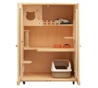 Large Wooden Cat Cage with Scratching Post, Tempered Glass Door, Lockable Wheels, Multifunctional Cat Villa for Cats and Kittens, 120x60x120cm Pet Enclosure