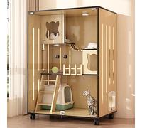 Large Wooden Cat Enclosure with Escape Doors and Casters, Multi-Feature Enclosed Cage for Indoor Cats at Home or Pet Shops