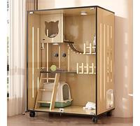 Large Wooden Cat Enclosure with Escape Doors and Casters, Multi-Feature Enclosed Cage for Indoor Cats at Home or Pet Shops