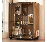 Large Wooden Cat Enclosure with Escape Doors and Casters, Multi-Feature Enclosed Cage for Indoor Cats at Home or Pet Shops