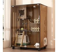 Large Wooden Cat Enclosure with Escape Doors and Casters, Multi-Feature Enclosed Cage for Indoor Cats at Home or Pet Shops