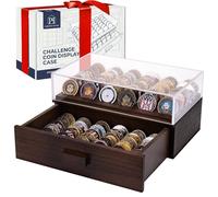 Large Wooden Challenge Coin Display Case with Clear Cover - Military Coin Display Case Holds 36 Coins on Top & 36 in The Storage Drawer - Versatile Coin Stand Holder & Poker Chip Display Case - Brown