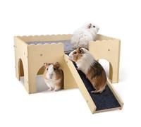 Large Wooden Guinea Pig House, Hideout Hut with Cave Stairs, Detachable Castle with Ramp, Small Animal House Habitat with 4 Entrances for Rat, Hamster, Hedgehog Hiding and Playing