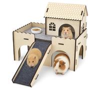 Large Wooden Guinea Pig House, Hideout Hut with Cave Stairs, Detachable Castle with Ramp & Windows, Small Animal House Habitat with 3 Entrances for Rat, Hamster, Hedgehog Hiding and Playing,38x25x38cm