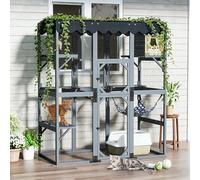 Large Wooden Outdoor Cat Enclosure, Grey Catio Garden Cat Run with Arched Weatherproof Roof for Drainage, Walk-in Pet Cage Catio with Scratching Post, Jumping Platforms & Painted Sleeping House