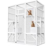 Large Wooden Outdoor Cat Enclosure Walk-in Catio 160x82x178cm, Weatherproof Cat House with Waterproof Roof, 5 Platforms & 2 Resting Boxes, Secure Outdoor Cat Run Cage Suitable for Up to 6 Cats, White