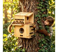 Large Wooden Squirrel House for Outdoor - Dual Balconies, Squirrel Nesting House with Clear Window, Lockable Front Panel, Easy to Mount on Backyard Tree, Fence or Post