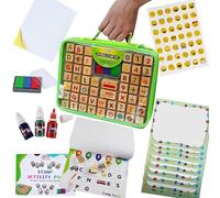 Large Wooden Stamp Premium Set for Kids. 72 Pcs Alphabet Stamps. Letters, Numbers, Emojis, 3-Color Washable Ink Pad, 3 Refill Bottles, Activity Book. Ideal Creativity Kit for back to school