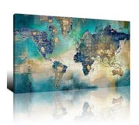 Large World Map Canvas Prints Wall Art for Living Room Office "24x48" Green World Map Picture Artwork Decor for Home Decoration