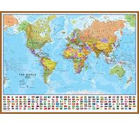 Large World Wall Map Political with flags (Wood Frame - Teak)
