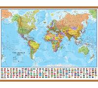Large World Wall Map Political with flags (Wooden hanging bars)