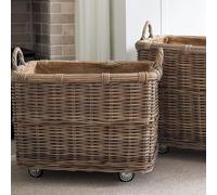 Large Woven Rattan Storage Basket with Wheels, Rustic, Rolling Log Holder with Handles, Rattan Storage Basket, Log Storage With Wheels