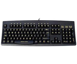 Large yellow print, black keyboard, USB