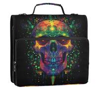 Large Zipper Binder Organizer 1.5 Inch Binders 3 Ring Heavy Duty Psychedelic Design Skull Black Storage Portfolio Folder with Handle Middle School Binder Bag with Strap