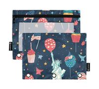 Large Zipper Pencil Pouches with Clear Window Red and Blue American Balloon Lady Liberty Rings Pencil case Big Capacity 3 Hole Punched folders for School, Office & Home Multicolored 2 PCS