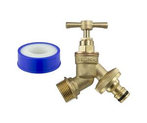 Larger 3/4" bsp Solid Brass Garden bib tap with Universal Click-Lock Hose Connector+Free Thread Seal Tape!
