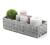 [Larger Compartments] Toilet Tank Topper Paper Basket - Multiuse Hand Woven Plastic Wicker Basket with Divider for Organizing, Rustic Farmhouse Bathroom Decor, Countertop Organizer Storage, Gray Wash
