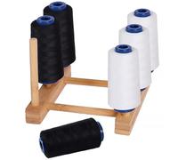 Larger Serger Thread Cones 6 Roll with Wooden Rack Organizer,3000 Yards Each Roll Diameter 2.13" Height 4.37",3 White Polyester Pagoda Yarns 3 Black Sewing Thread Spools for Overlock Quilting