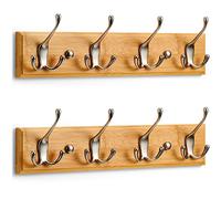 LARHN Wall-Mounted Coat Rack (2 Pack) - 4 Matt-Nickel Triple Coat Hooks for Wall on Stylish Wooden Bamboo Base - 42 cm - All Fixings Included