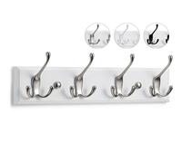 LARHN Wall-Mounted Coat Rack - 4 Matt-Nickel Triple Coat Hooks for Wall on White Wooden Bamboo Base - 42 cm - All Fixings Included