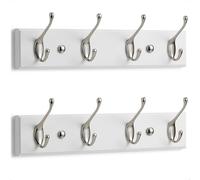 LARHN White Coat Hooks Wall Mounted Coat Rack (2-Pack) - 4 Matt-Nickel Wall Hooks - 42 cm - All Fixings Included for Quick & Easy Installation