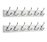 LARHN White Coat Hooks - Wall-Mounted Coat Rack (2-Pack) - 6 Triple Matt-Nickel Coat Hooks for Wall - 59 cm - All Fixings Included for Quick & Easy Installation