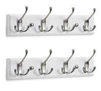 LARHN White Wall-Mounted Coat Rack, 2-Pack - 4 Matt-Nickel Coat Hooks, 42cm