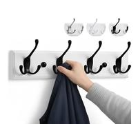 LARHN White Wall-Mounted Coat Rack - 4 Black Coat Hooks, 42cm