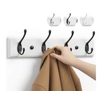 LARHN White Wall-Mounted Coat Rack - 4 Black Coat Hooks, 42cm