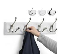 LARHN White Wall-Mounted Coat Rack - 4 Matt-Nickel Coat Hooks, 42cm