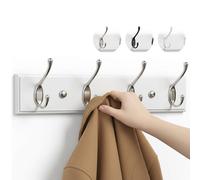 LARHN White Wall-Mounted Coat Rack - 4 Matt-Nickel Coat Hooks, 42cm