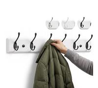 LARHN White Wall-Mounted Coat Rack - 6 Black Coat Hooks, 59cm