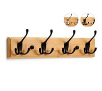 LARHN Wooden Coat Hooks - Wall Mounted Coat Rack - 4 Triple Black Coat Hooks for Wall on Bamboo - 42 cm - All Fixings Included for Quick & Easy Installation