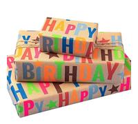 LaRibbons Birthday Wrapping Paper Roll for Kids, 17 Inch x 16.5 Feet Kraft Gift Wrap Paper with Colorful Text Happy Birthday Pattern for Boys Holiday Party