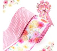 LaRibbons Pink Floral Ribbon Wired 2.5 Inch x 20 Yards Tt 2 Rolls, Rose Flower and Polka Dot Burlap Ribbon for Spring Summer Mothers Day Crafts Gift Wrapping Wreath Bow Decoration