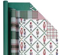 LaRibbons Reversible Christmas Wrapping Paper Mini Roll, 3 Rolls 17" x 120" , Featuring Northfolk Pine Nutcracker Soldiers, Plaid, Stripes and Argyle Patterns, Ideal for Christmas, Holiday, Winter