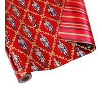 LaRibbons Reversible Christmas Wrapping Paper Mini Roll, Nutcracker and Festive Stripes with Metallic Foil Shine, for Chrsitmas, Holiday, Party Celebration, 17" x 33'(46.7 sq. ft)