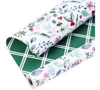 LaRibbons Vintage Christmas Wrapping Paper Roll, Reversible Gift Wrap with Holly Leaves, Red Berries, Candy Cane & Green Plaid Design, Double-Sided Xmas Wrapping Paper for Holiday, Season Party, 17