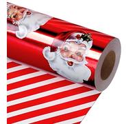 LaRibbons Vintage Santa Christmas Wrapping Paper Roll - Double-Sided Foil Gift Wrap with Candy Cane Stripes, Holiday Wrapping Paper for Xmas Presents & Decorations, 17 Inch × 33 Feet