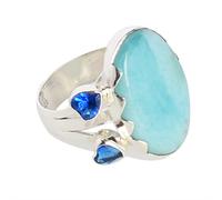 Larimar & Blue Quartz Ring in 925 Sterling Silver - Dual Bezel Set Cabochon Round Stones 22x15mm & 5mm, Boho Style Adjustable Ring for Women 61 (19.4)