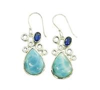 Larimar Iolite Pear Oval Cabochon Dangle Earrings Women Silver Bezel Drop Handmade Blue Gemstone Lightweight Statement Gift Elegant Trendy Jewelry Fashion Daily Wear Accessory