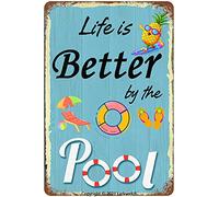 Larkverk Life is Better by The Pool Retro Tin Sign Vintage Pool Rules Metal Happy Swimming Sign for Home Bar Office Wall Decor Shop Mural Bathroom Sign 12 x 8 in