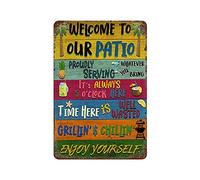 Larkverk Welcome to Our Patio Metal Tin Sign for Home Wall Decor Proudly Serving Whatever You Bring, Backyard Signs for Farmhouse Home Party Coffee Shop