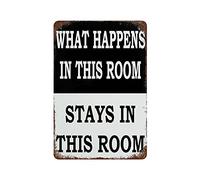Larkverk What Happens in This Room Stays in This Room Man Cave Retro Tin Sign Vintage Metal Sign for Home Bar Office Wall Decor Shop Mural Bathroom Sign 12 x 8 in