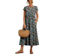 Larmliss Baggy Crew Neck Dress Clothes for Women Summer Casual Comfy Cotton Short Sleeve Tunic Beach Maxi Dresses with Pockets, Y-long-print-blue, S